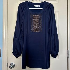 CHICOS Size 2 Tunic Dark Navy STRETCH SATIN Gold Embellished EUC